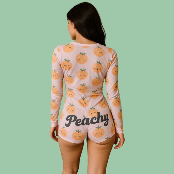 Weekend Edition Peach Print Long Sleeve Onesie Pajama Romper | Size S - Picture 2 of 10